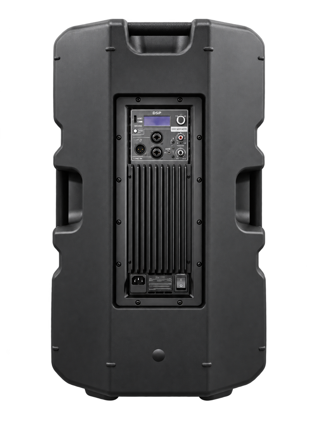 DJPRO DJ15PRO cabina activa de 15 pulgadas, vista trasera con panel DSP